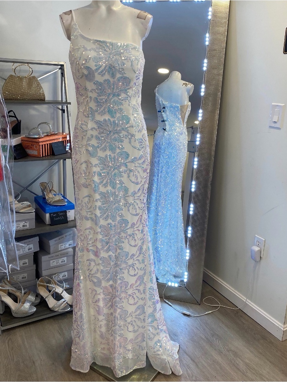 Iridescent white prom, pageant or wedding gown